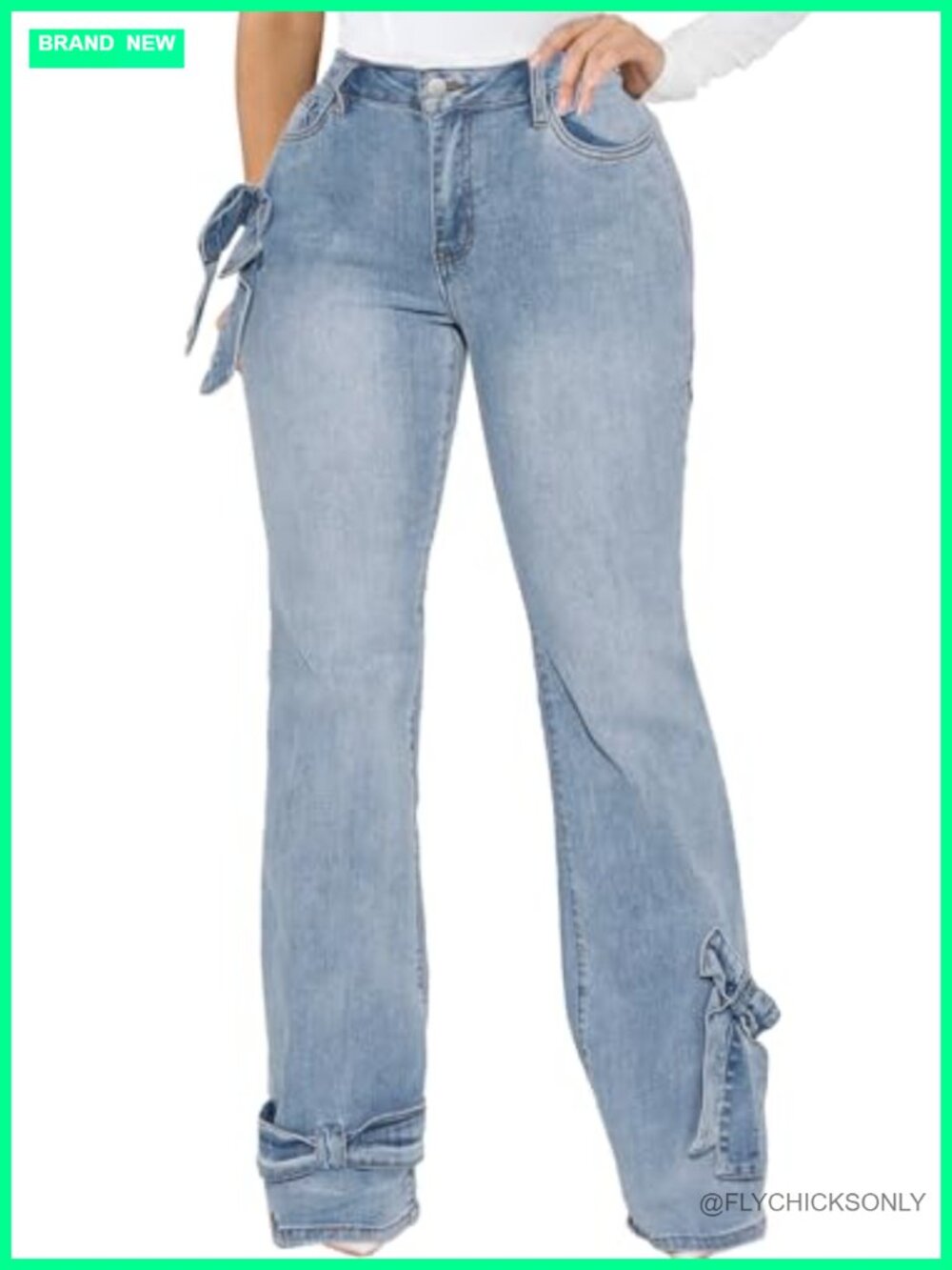 High Waist Wide Leg Flared Stretch Denim Jeans Bow Tie Hem